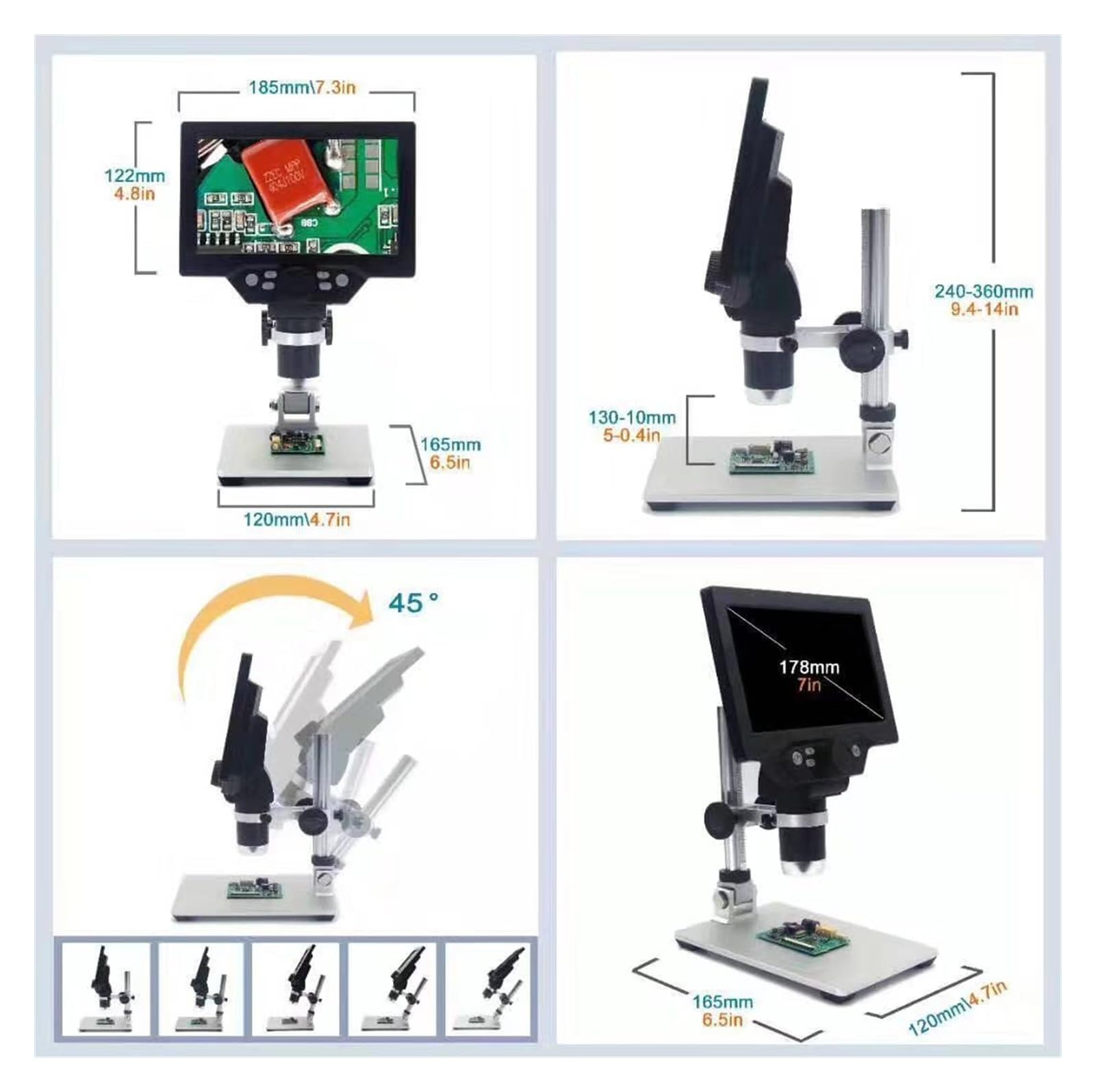 Mikroskop, High-definition 7-inch Large-screen Repair Microscope Electron Professional Lifting Bracket 1200 Times Digital(Lithium battery)