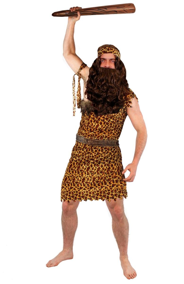 CAVEMAN FANCY DRESS COSTUME WITH INFLATABLE CAVEMEN CLUB DELUXE CAVE MAN LEOPARD PRINT TUNIC + HEADBAND + ARMBAND + BROWN WIG WITH BEARD (SMALL)