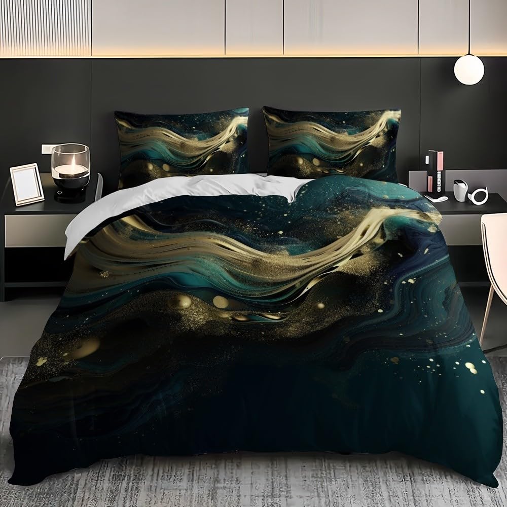 3-częściowy komplet pościeli 240 x 220 cm, abstrakcyjna sztuka, miękka poszewka na kołdrę z mikrofibry dla dorosłych i dzieci, zielona poszewka na kołdrę i 2 poszewki na poduszkę 80 x 80 cm, na łóżko