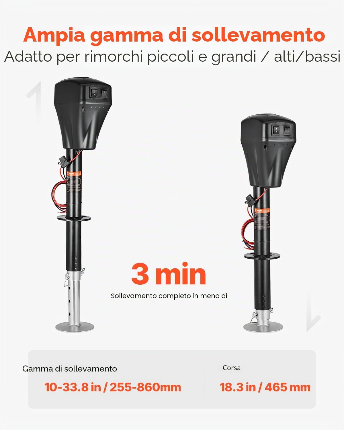 VEVOR Cric Elettrico per Rimorchio 2267 kg Cric Perno per Camper Resistente con Connettore a 2 Vie, Manovella Manuale e Copertura, Cric Resistente alle Intemperie, Mozzo 255-860 mm per Camper, Nero