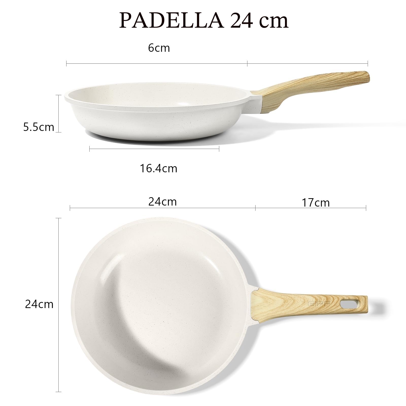 GiPP Padella Antiaderente – Padella Sana e Atossica, Compatibile con Induzione, Senza PFAS e PFOA, Lavabile in Lavastoviglie (Bianco, 24 cm Senza Coperchio)