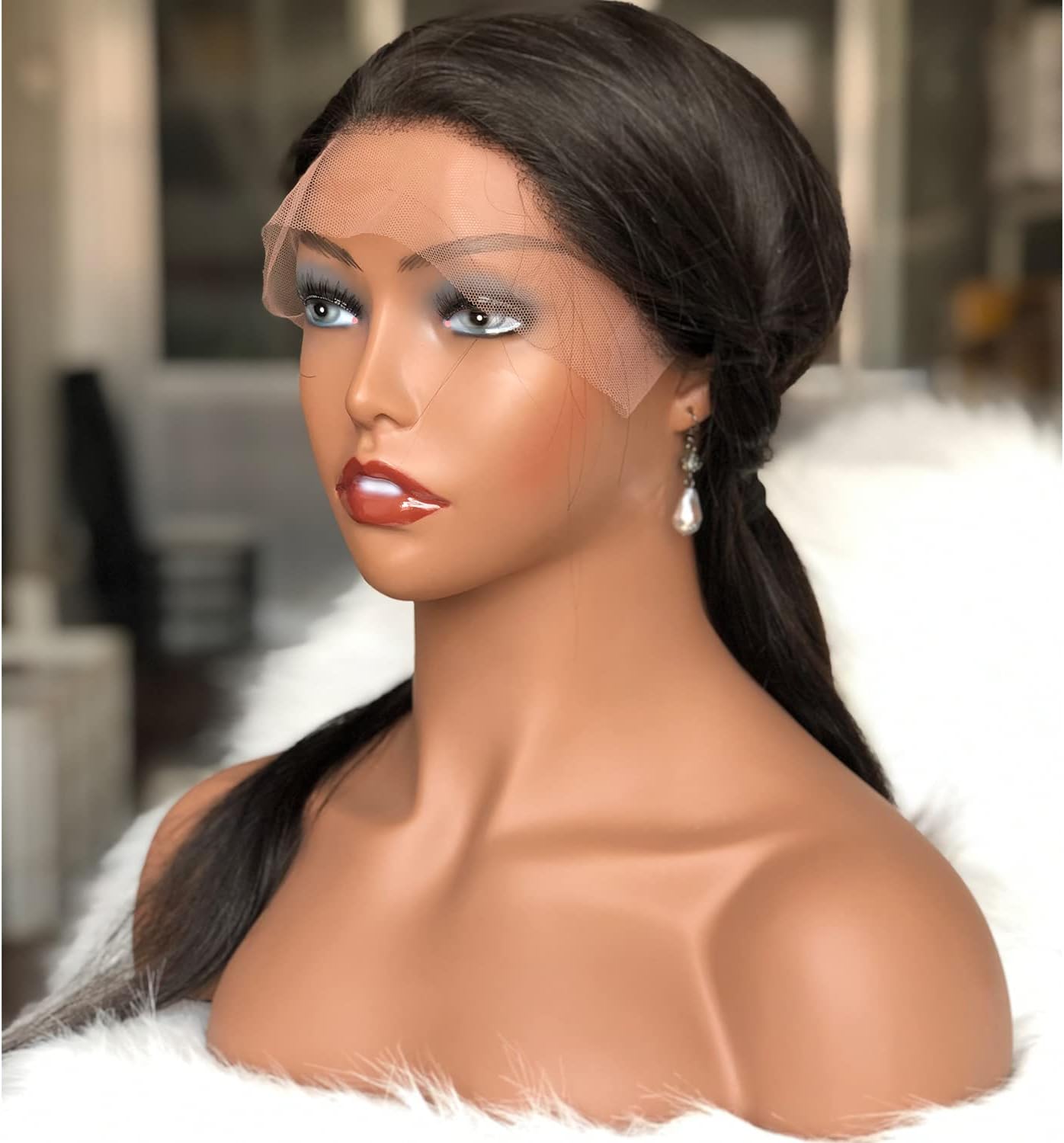 Realistic Female Mannequin Head with Shoulder Manikin PVC Head Bust Wig Head Stand with Makeup for Necklace Earrings Dark Brown Color