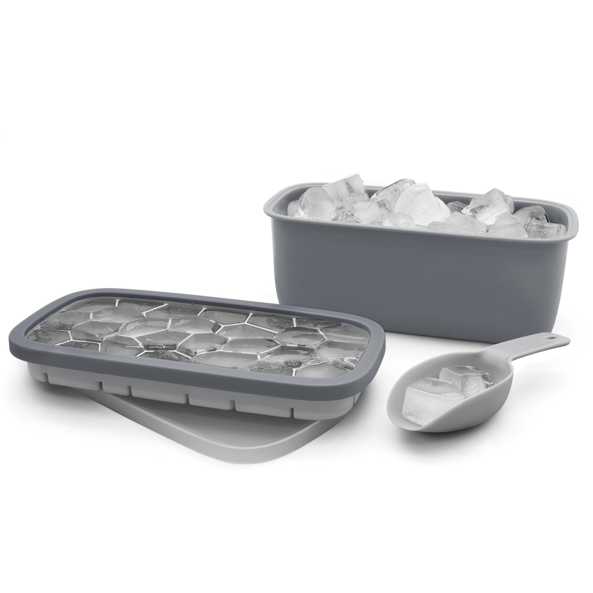 Starfrit Gourmet 4-Piece Ice Cube Set – Silicone Tray, Container and Scoop - Gray