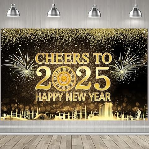 Fecedy Cheers to 2025 Happy New Year Hanging Extra Large Fabric Sign Poster Background Photo Props Banner with Star Fireworks Pattern for New Year Party Decorations 43.3"x70.8" Cover