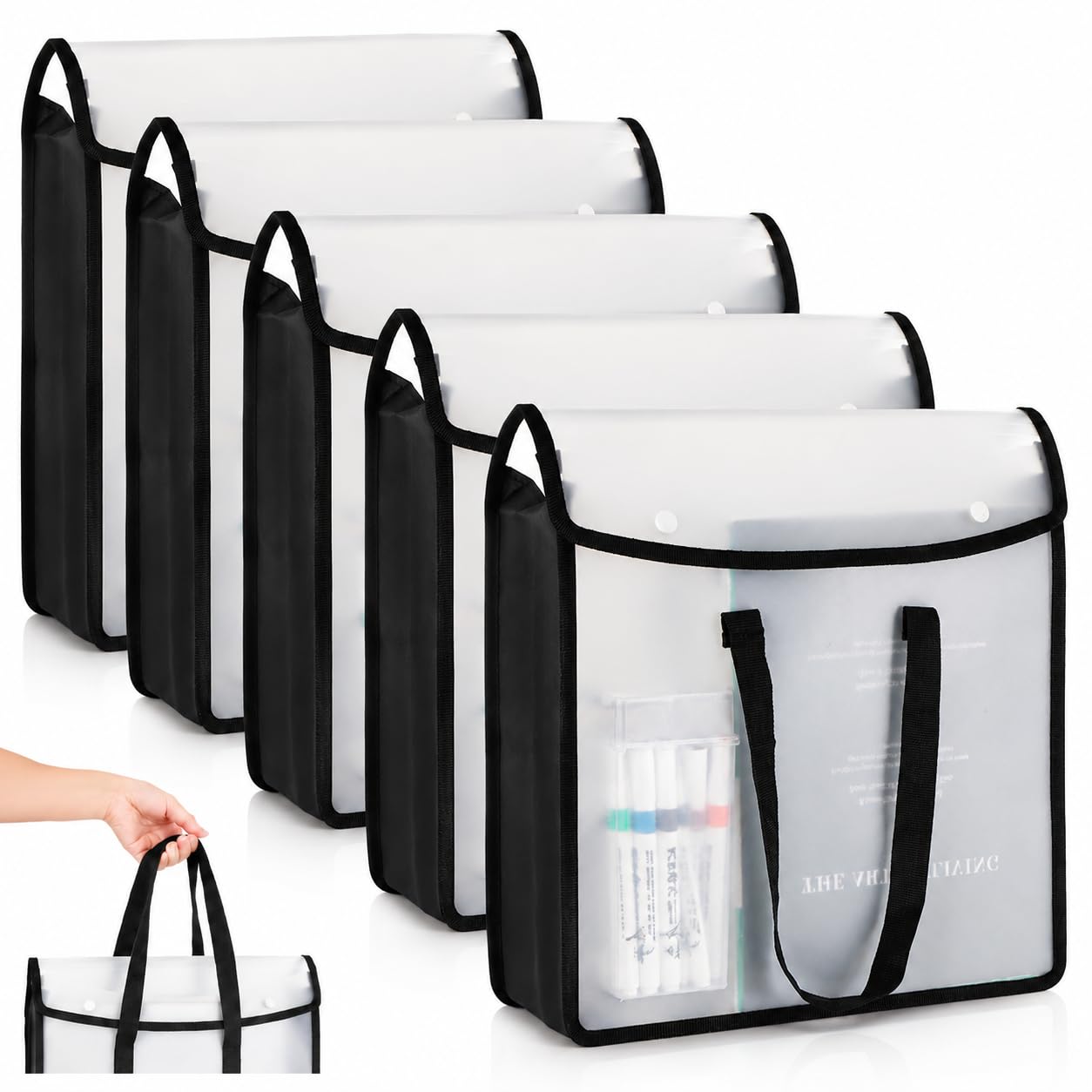 Paquete de 5 organizadores de almacenamiento expandibles de 14 x 13 pulgadas, carpetas de plástico negro con asa, soporte de papel de gran capacidad para documentos de cartulina de papel de