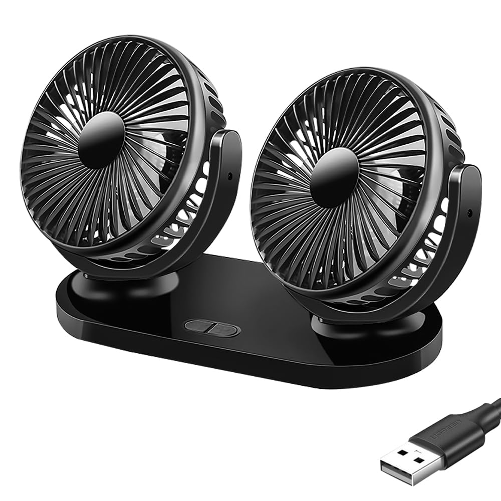 Ventilateur Voiture USB, 360° Rotative Double Tête Ventilateur de Voiture, Ventilateur Camping Car avec 3 Vitesses, Double Tête Ventilateur USB pour Voiture,Maison,Bureau,Camping