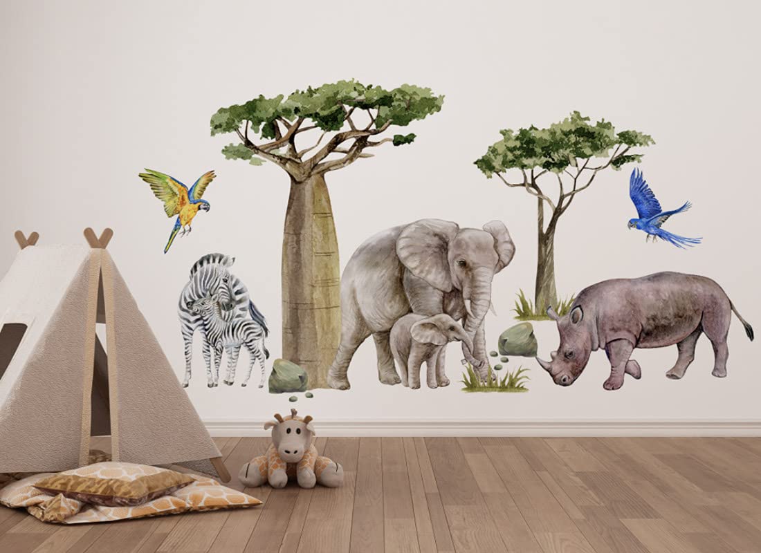 Wandtattoo Dschungeltiere Safari, Savanne, Zebra, Elefant, Nashorn, Tropische Bäume Kinderzimmer Junge Babyzimmer Wandsticker Wandaufkleber Bilder Osomhome (240x125cm)