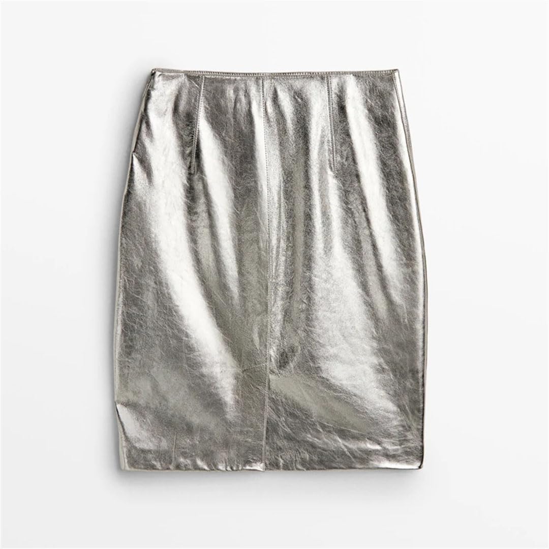 Damska skórzana srebrna spódnica midi Slim Fit Metal Gloss Brillant Sheepskin Short Wrap