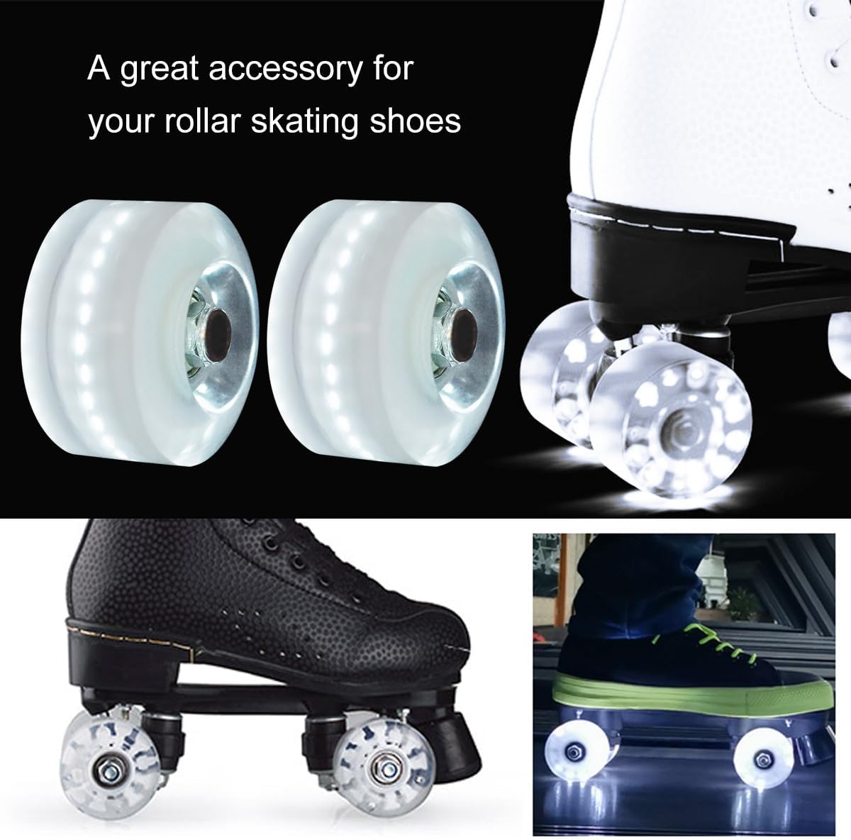 2pcs Roller Skate Wheels Pu with Bearings, Wear-resistant Inline Skates Accessories, White Light Glowing Wheels and Adults, Replacement for Double Row Skating