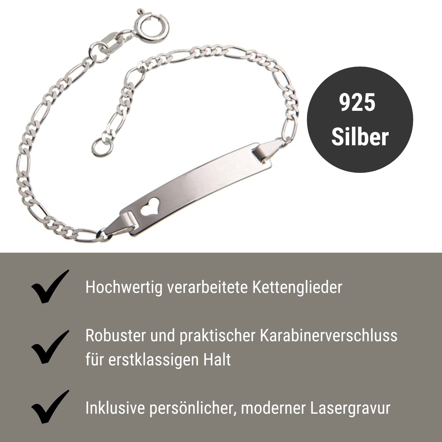 Silberketten-Store Baby- & Kinder ID Armband mit Herz inkl. Gravur & Geschenksäckchen I aus 925 Silber gefertigt I nickelfrei für Allergiker geeignet I 10 verschiedene Schriftarten