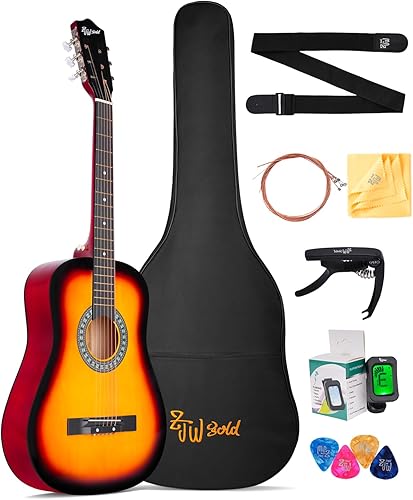 ZJW GOLD Guitarra acústica para principiantes, niños, adolescentes y adultos, kit de guitarra clásica de 38 pulgadas con bolsa de concierto, correa,