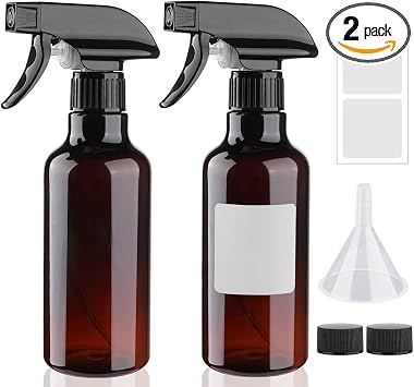 Plastic Spray Bottles 12oz 2 Pack Adjustable Mist/Stream Spraying Heavy Duty Square Water Spray Bottles for Hair, Cleaning Solutions, Plants,Essential Oils Brown