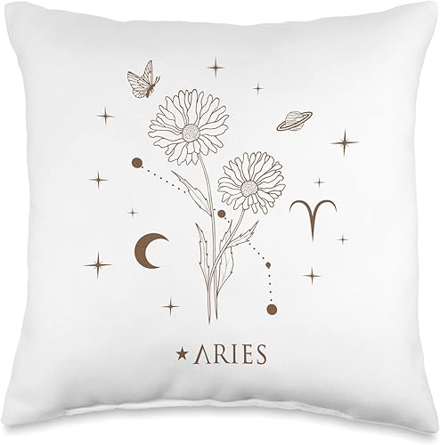 Astrology Horoscope Sign Botanical Butterfly NS Almohada con signo del zodiaco de Aries con diseño de margaritas y margaritas de abril para el mes