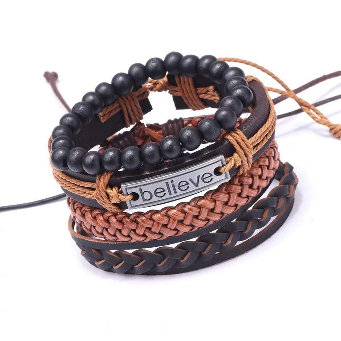 Braided Beaded Leather Set 4 pcs Braclet For Men/Boys-image-30