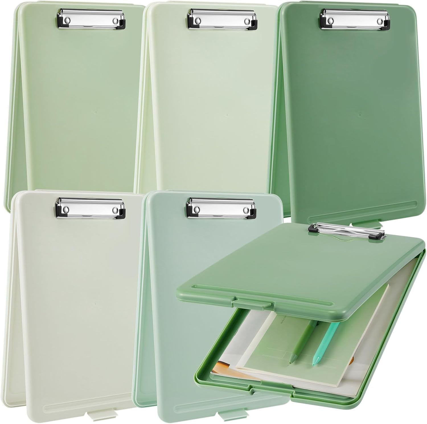 Geyoga 6 Pcs Plastic Clipboard with Storage Case Box Macaron Colored A4 Nursing Clipboards with Pen Holder Waterproof Storage Clip Board Wall Mount Clip Boards File Case for School Office (Green)