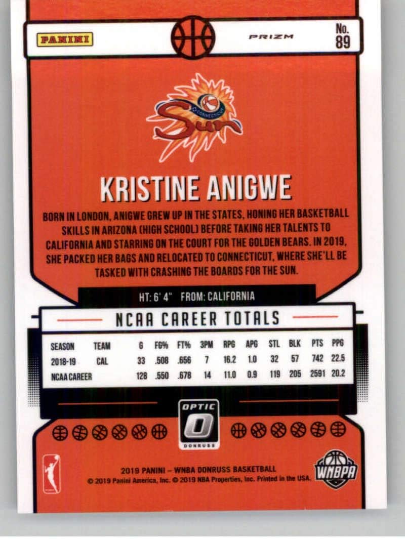 2019 Donruss WNBA Optic Holo Silver Prizm Basketball #89 Kristine Anigwe Connecticut Sun Rated Rookie Official WNBA Trading Card From Panini America
