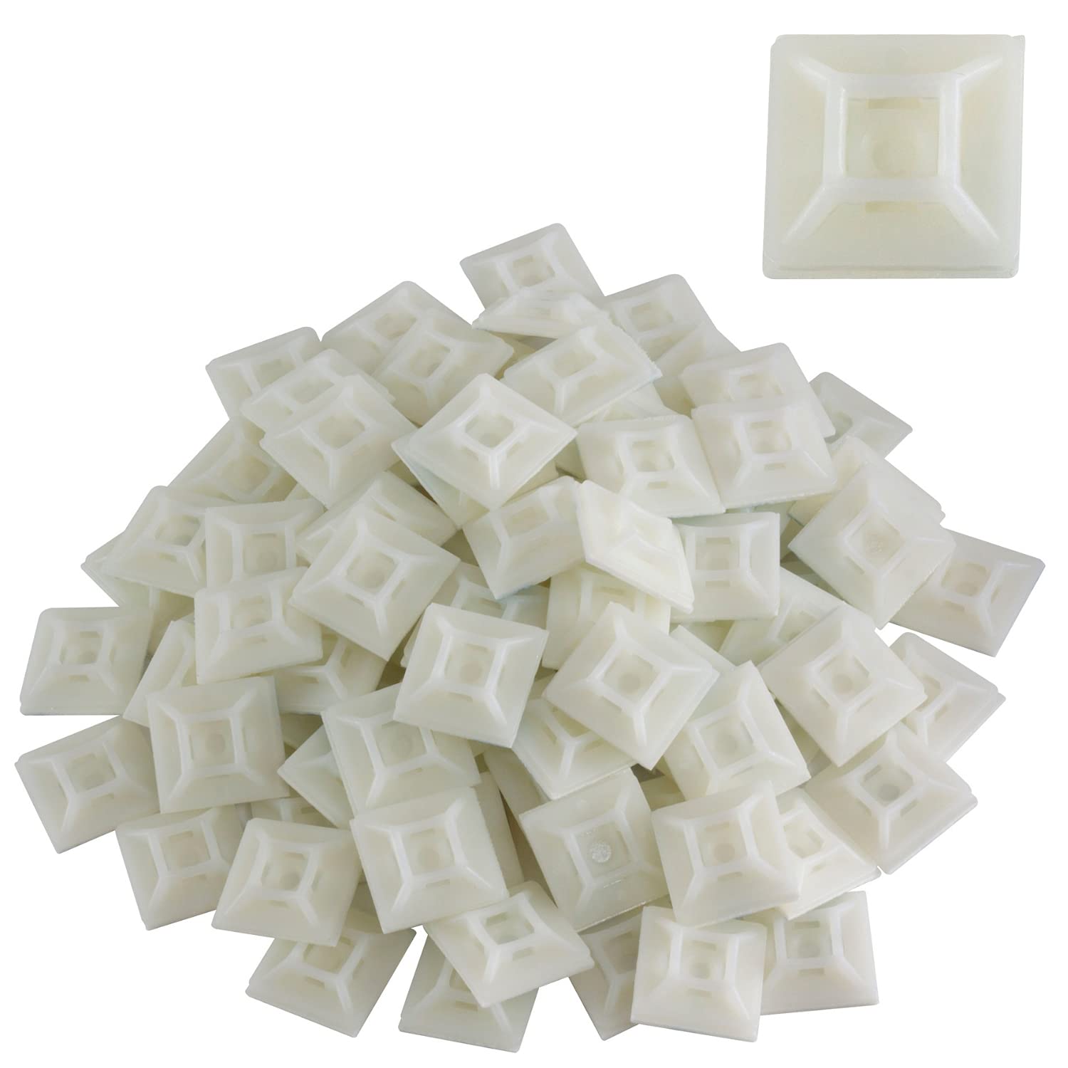 Gocableties White 100 Pack Of Cable Tie Bases - 28Mm X 28Mm - Premium Adhesive Fixing Mounts By