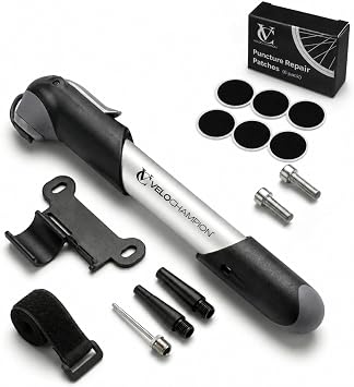 VeloChampion Mini Bike Pump. Compact 100 PSI/6.8BAR Bicycle Pump for Road, Hybrid & E-Bikes. Portable Tire Pump with Presta, Schrader & Dunlop Valves, Frame Mount & Ball Needle