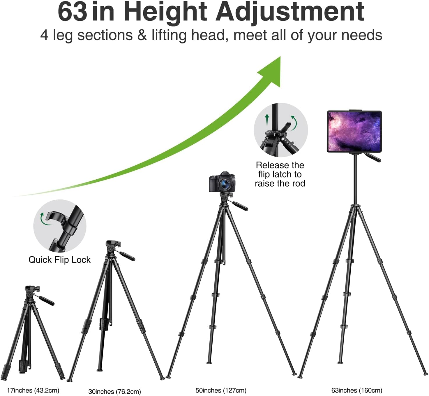 elitehood 63" Tripod for Camera and iPad Video Recording, Compact Travel Outdoor iPad Tripod Stand, Load Capacity 8kg/17.6lbs, Compatible with DSLR and 4.7-13" Tablet/Phone