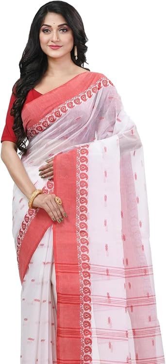 dB DESH BIDESH Womens Pure cotton tant handloom saree latest, ankur woven design trending sarees with paisley big red pallu party, wear bandhani sari silk sarees without blouse piece saree RED WHITE