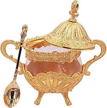 Hourwof Sugar Bowl with Lid and Spoon for Kitchen Coffee Bar and Wedding Party,Metal and Glass Sugar Container for Sugar Cube and Powder Sugar,Spice Condiment Container,Salt Server,Gold