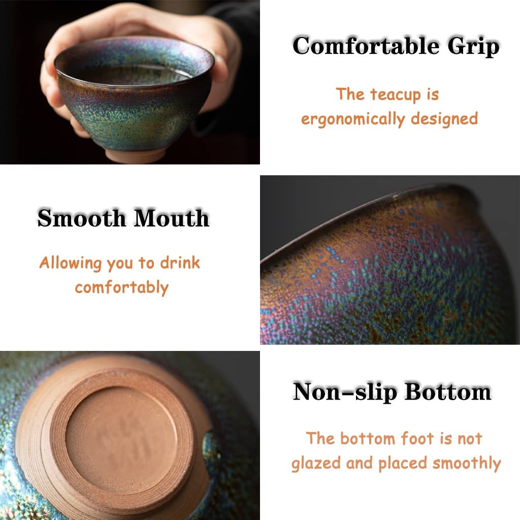 Tazas de té Vasos De Té Japones Copa Maestra De Boca Ancha De 4.5 Oz, Cuenco De Té De Cerámica Kung Fu con Neumáticos De Hierro, Taza De Té Jianzhan Colorida con Caja De Regalo