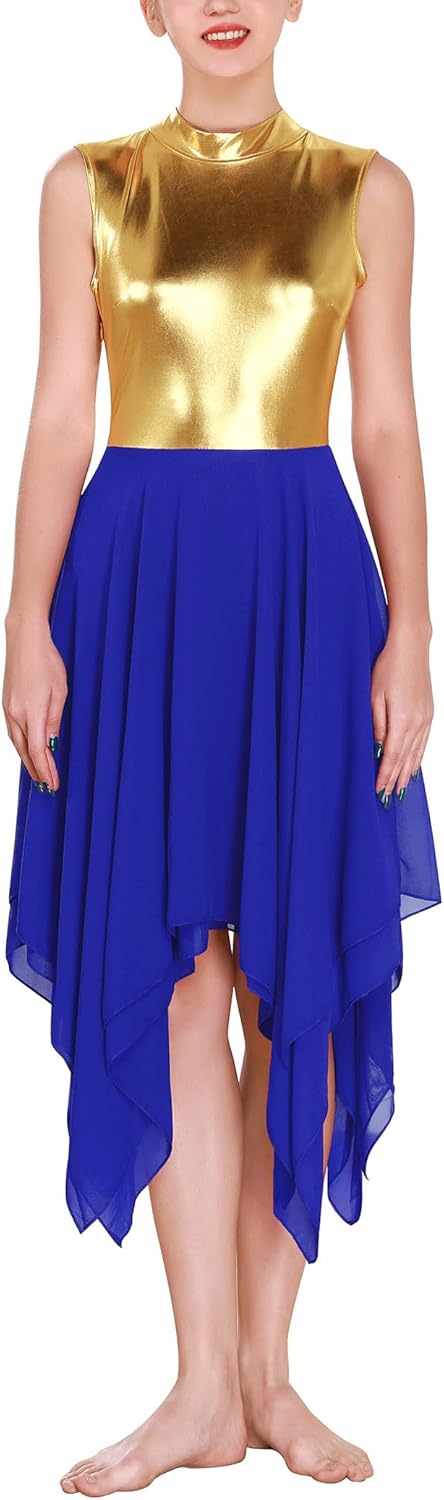 ODASDO Women Lyrical Dance Dresses Sleeveless Metallic Gold Block Irregular Hem Chiffon Flowy Midi Dress XS-XL