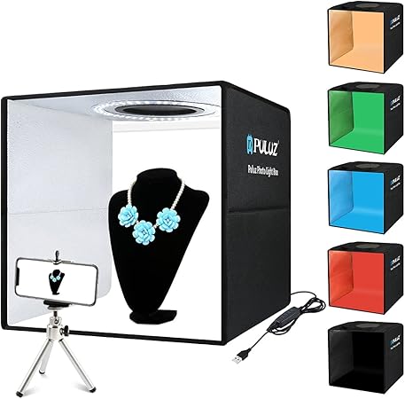 Amazon 30cm Puluz 簡易スタジオ シンプルな撮影ボックス 円形led搭載 折りたたみ式撮影キット 持ち運びが便利 シューティングボックス テーブル撮影 物撮り用ボックス 自宅撮影 ぶつどり 卓上撮影 光度10レベル調整 組立簡単 6色背景色 赤 緑 オレンジ 青 白 黒