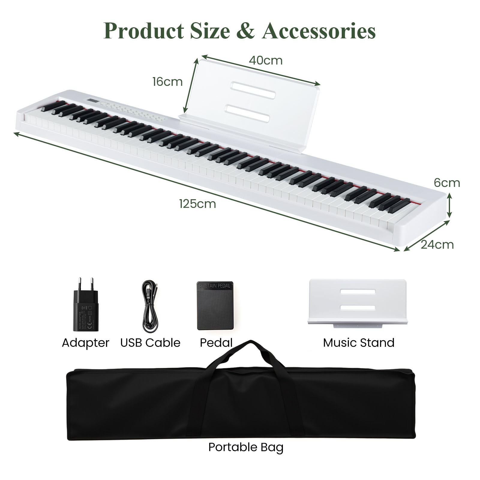 KOMFOTTEU Pianoforte digitale a 88 tasti, tastiera per pianoforte con 380 suoni, 128 ritmi, 88 demo, MIDI, pedale, pianoforte elettrico portatile con supporto per musica, borsa da trasporto (bianco)