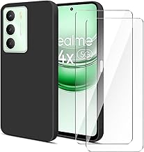 Wanglaism Case Compatible with Realme 14x 5G Mobile Phone Case with 2 Pieces Screen Protector Tempered Glass - Black Soft Silicone Shockproof Protective Case