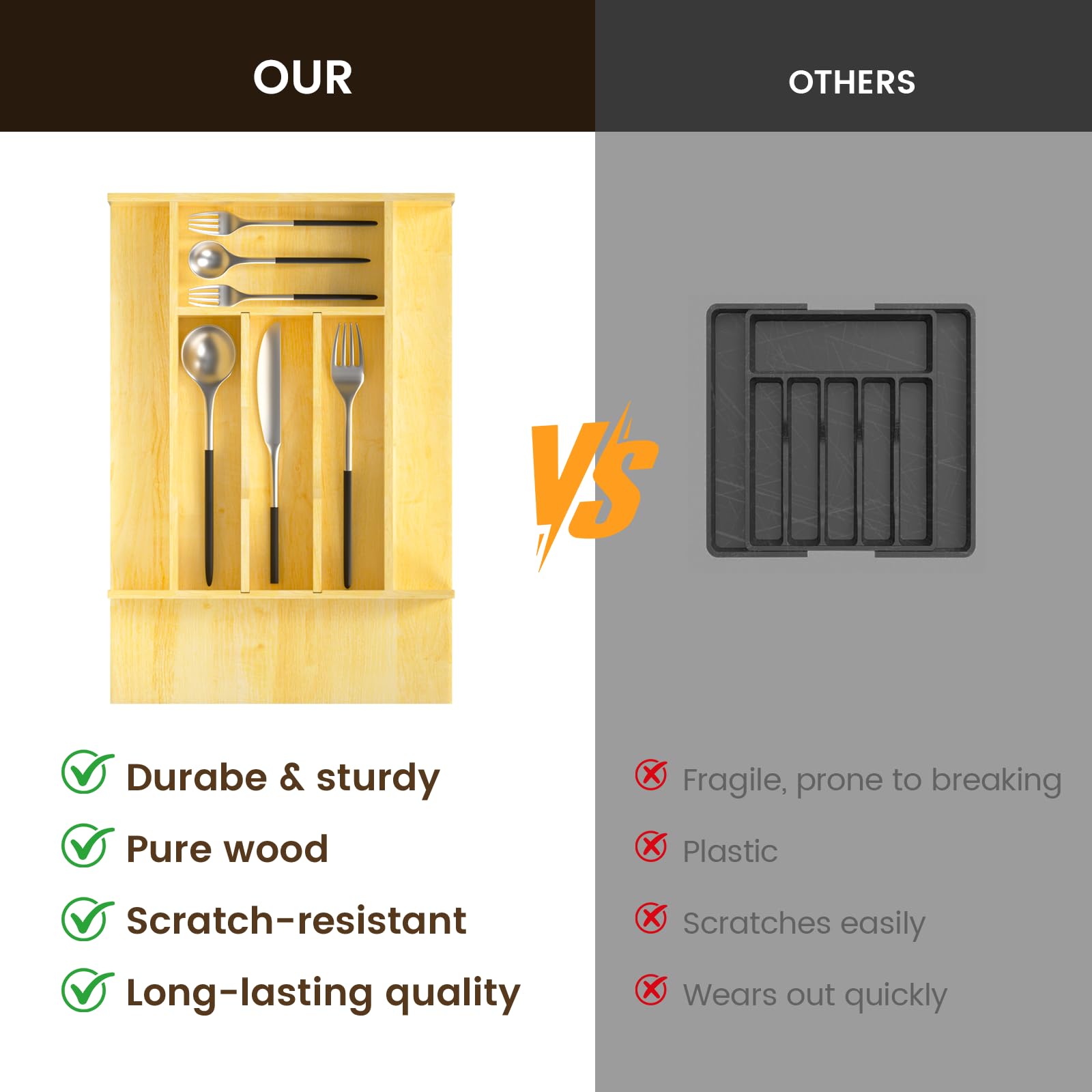 Organizador de cajones de madera con división ajustable para utensilios, cubiertos y cubiertos (33.5 cm de ancho x 49.5 cm de profundidad x 6.3 cm de alto)