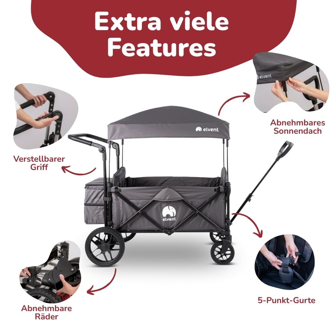 elvent® Allrounder Premium Bollerwagen - faltbar mit Dach | Sitzpolster, Hecktasche, Feststellbremse, Off-Road-Reifen, 5-Punkt-Gurt I 2 Kinder (Grau)