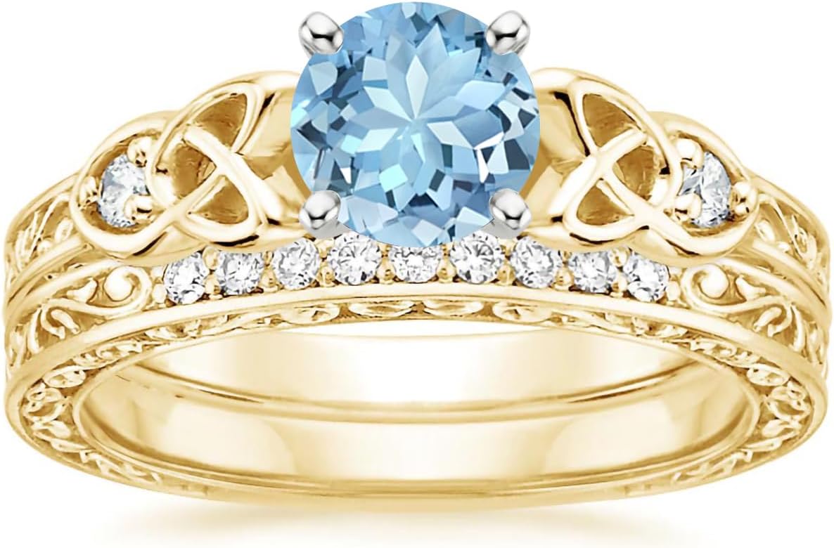 1.13 Carat Celtic Knot Gemstone and Moissanite Engagement Ring Sets for Women 10K 14K 18K Solid Gold Platinum Plated Round Cut Vintage Bridal Sets Wedding Rings with Text Engraving