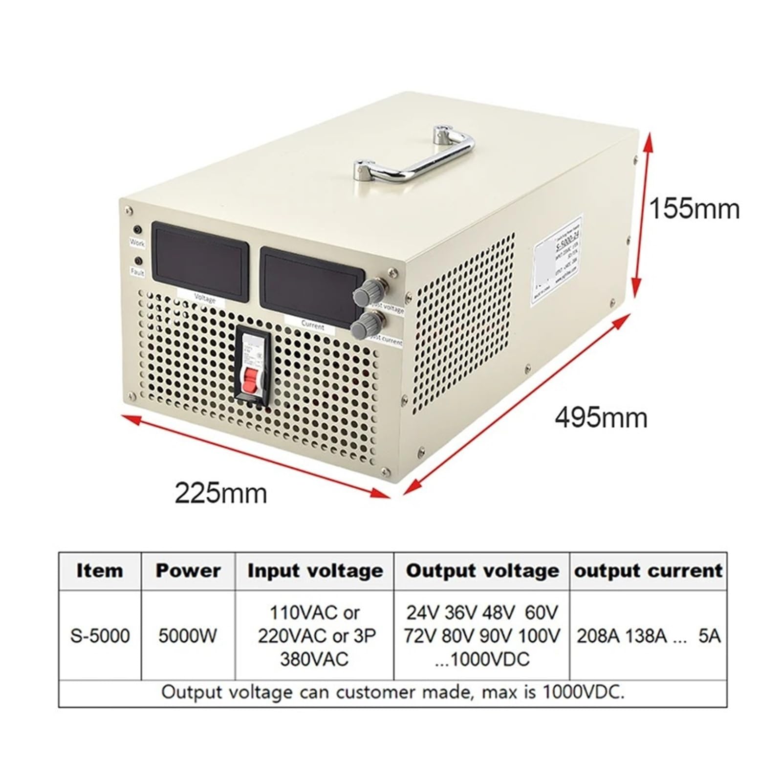 Zasilacz impulsowy prądu stałego 5000 W, przemysłowy, AC na DC, 24 V~500 V, regulowany, z podwójnym wyświetlaczem cyfrowym Kontrola o wysokiej czułości(0-48V 0-104A)