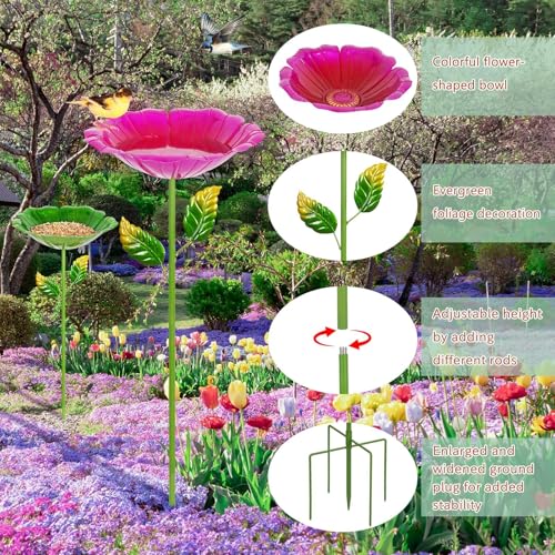 Image of 2 Pack Bird Bath for Outside, Outdoors Garden Decor Flower Birdbath | Colorful Metal Bird Bowl with Five Stakes for Hummingbird Baths & Bird Feeders, 31.3 inch H x 10.63 inch Dia (Red,Green)