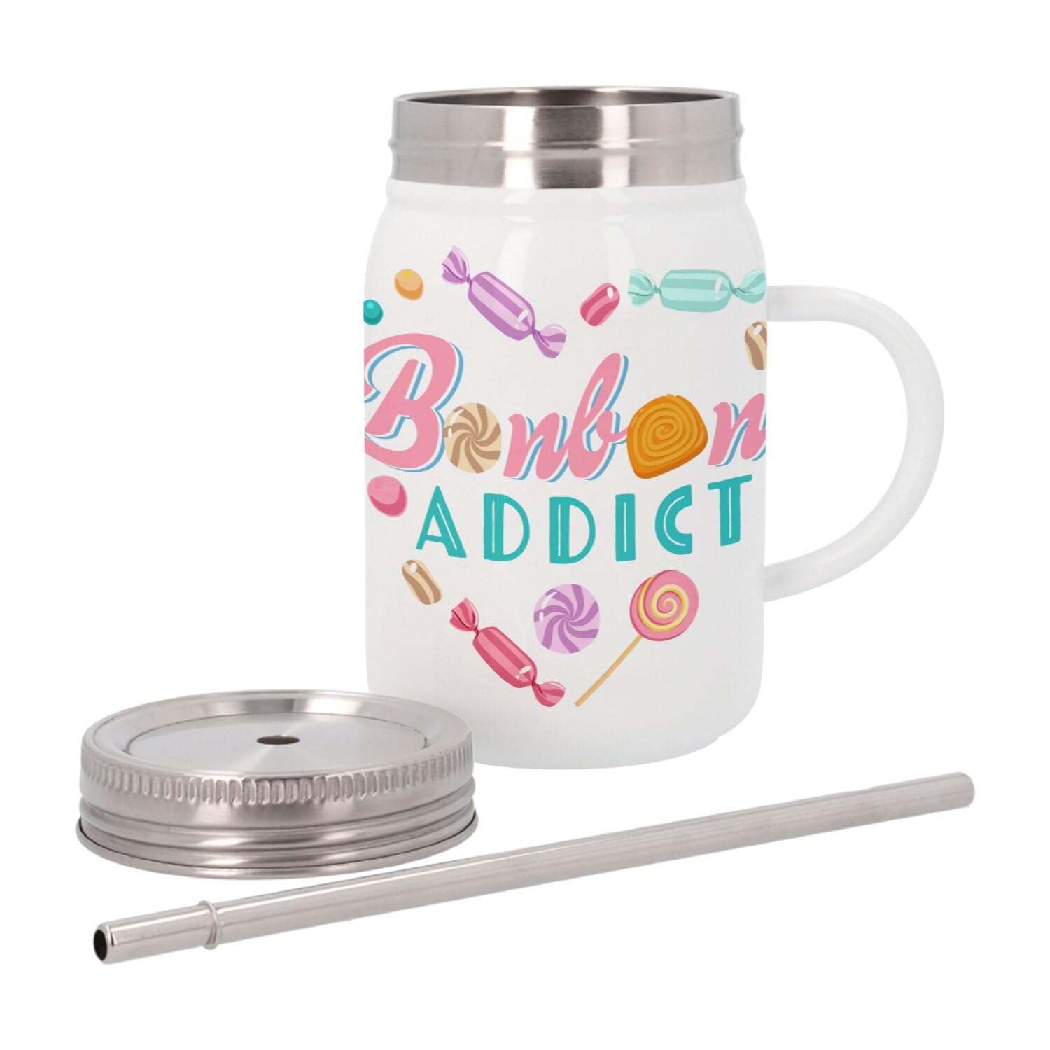 Insulated Stainless Steel Mug with Lid and Straw – Candy Addict Chocolate Lollipop Sugar – 500 ml – Thermo Mug