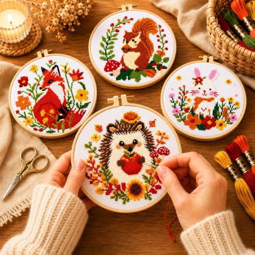 Image of Zhenqing 4 Pack Woodland Animal Stamped Cross Stitch Kit, 11CT Printed Fox Squirrel Hedgehog Bunny Patterns with Hoop and Tools for Adults and Beginners