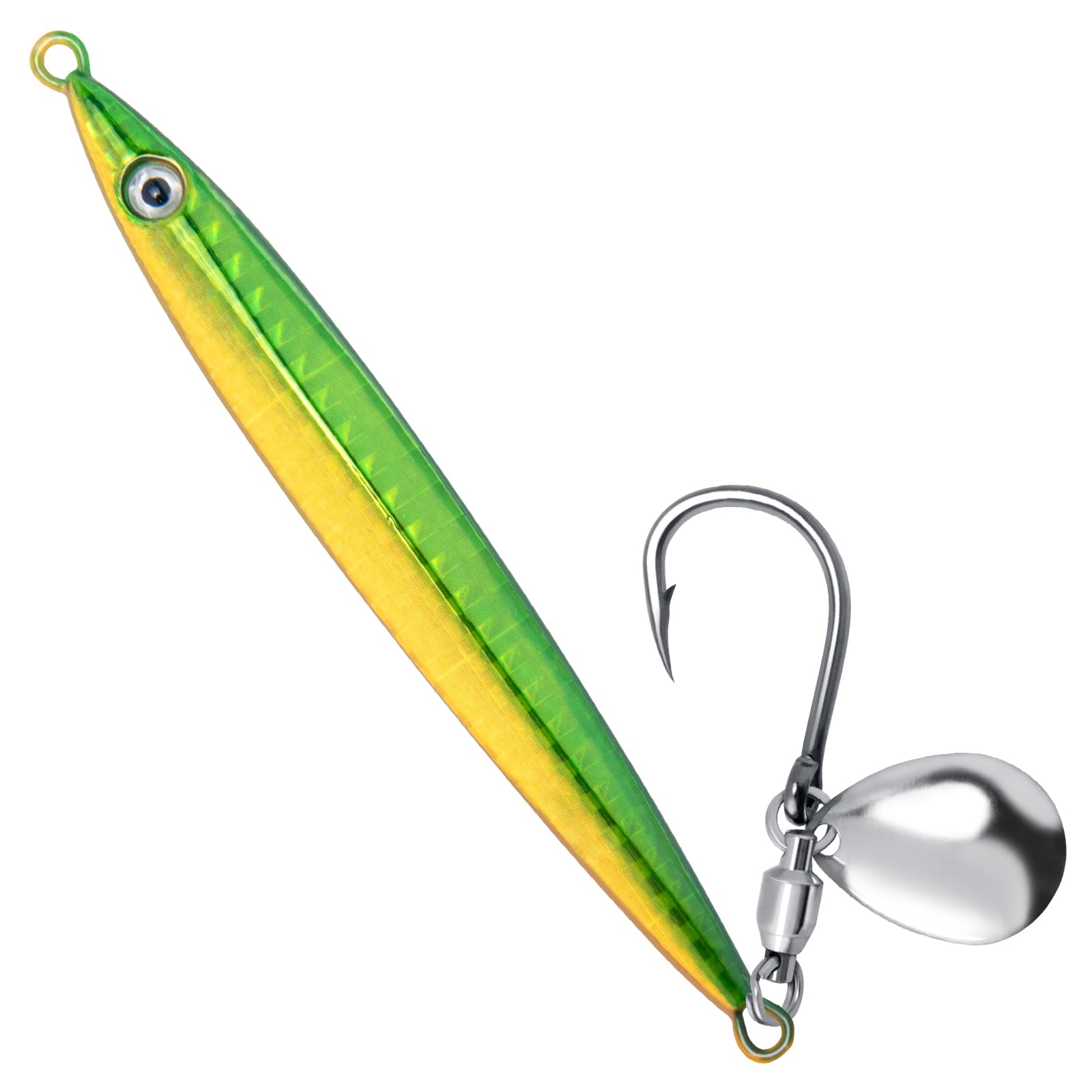 Alwonder 3pcs 10g Sea Fishing Spinner Lure Colorful Laser Jigging Spoons with Single Hooks, Sea Fishing Lure Long Casting Jig for Mackerel Cod Bass Pike Color: Green Gold
