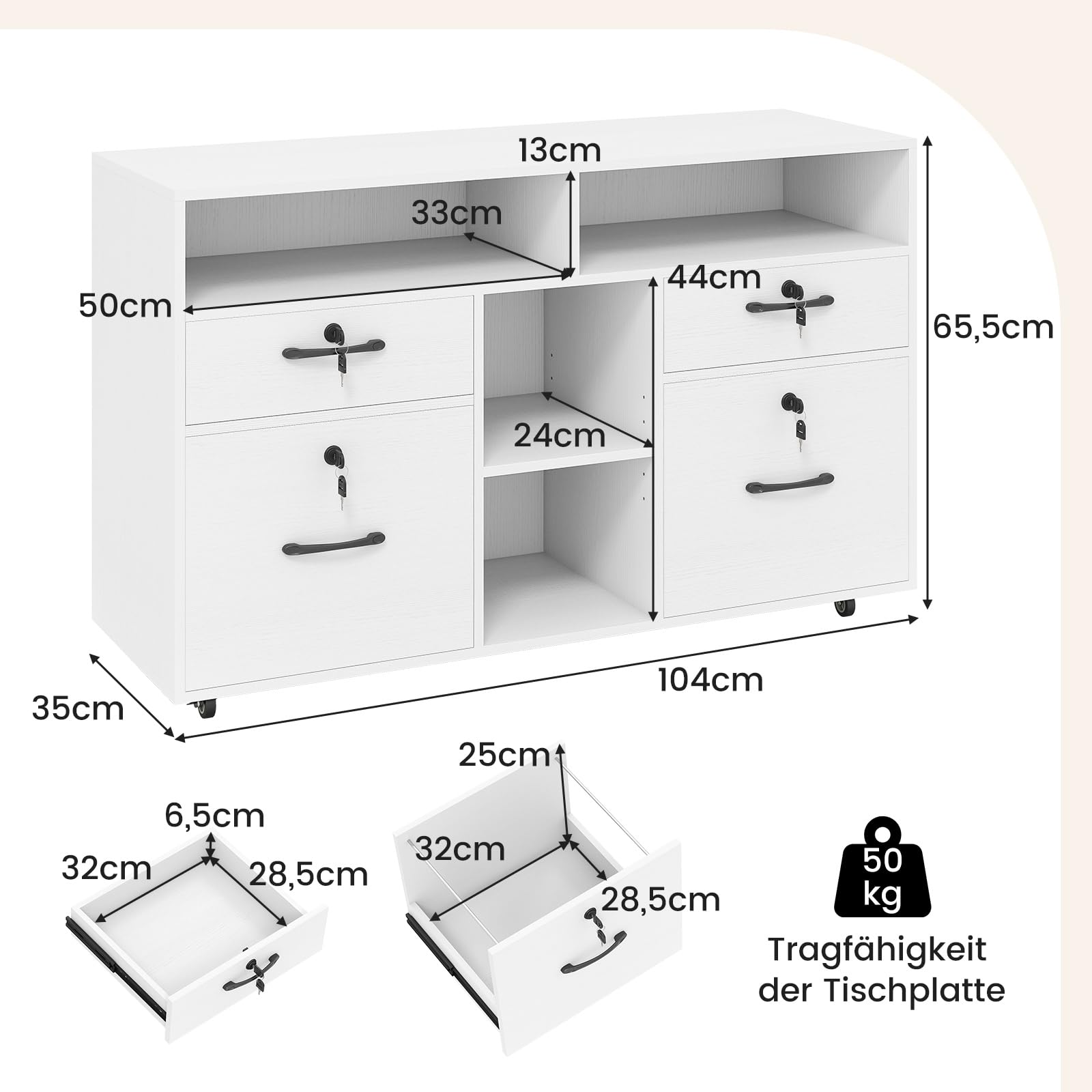 COSTWAY Rollcontainer mit 4 Schubladen, mobiler Aktenschrank abschließbar mit verstellbarem Regal & offenen Fächern, Büroschrank für Schreibtisch, Druckerständer für Zuhause, Büro (Weiß)
