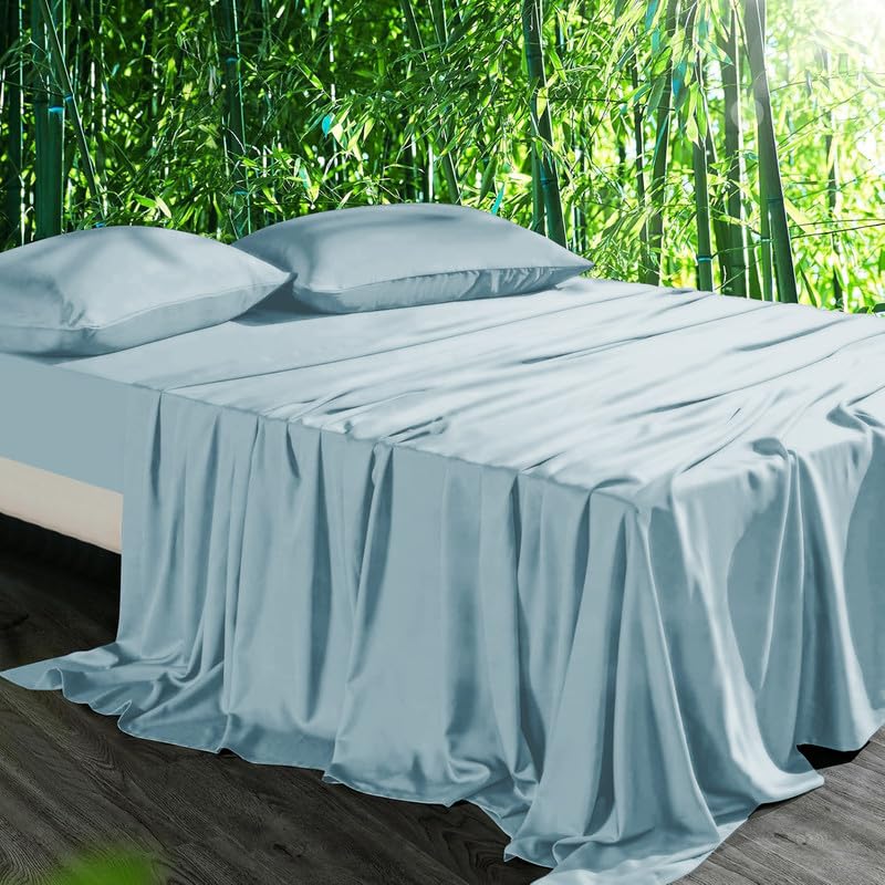 Gezu Bambus Kühlende Spannbettlaken 160x200 Blau Hellblau Antibakteriell Weich Spannbetttücher Kühlende Boxspringbett Bettlaken Leintuch Spannbetttuch 160x200 für Hohe Matratze bis 15-30cm 100% Bambus