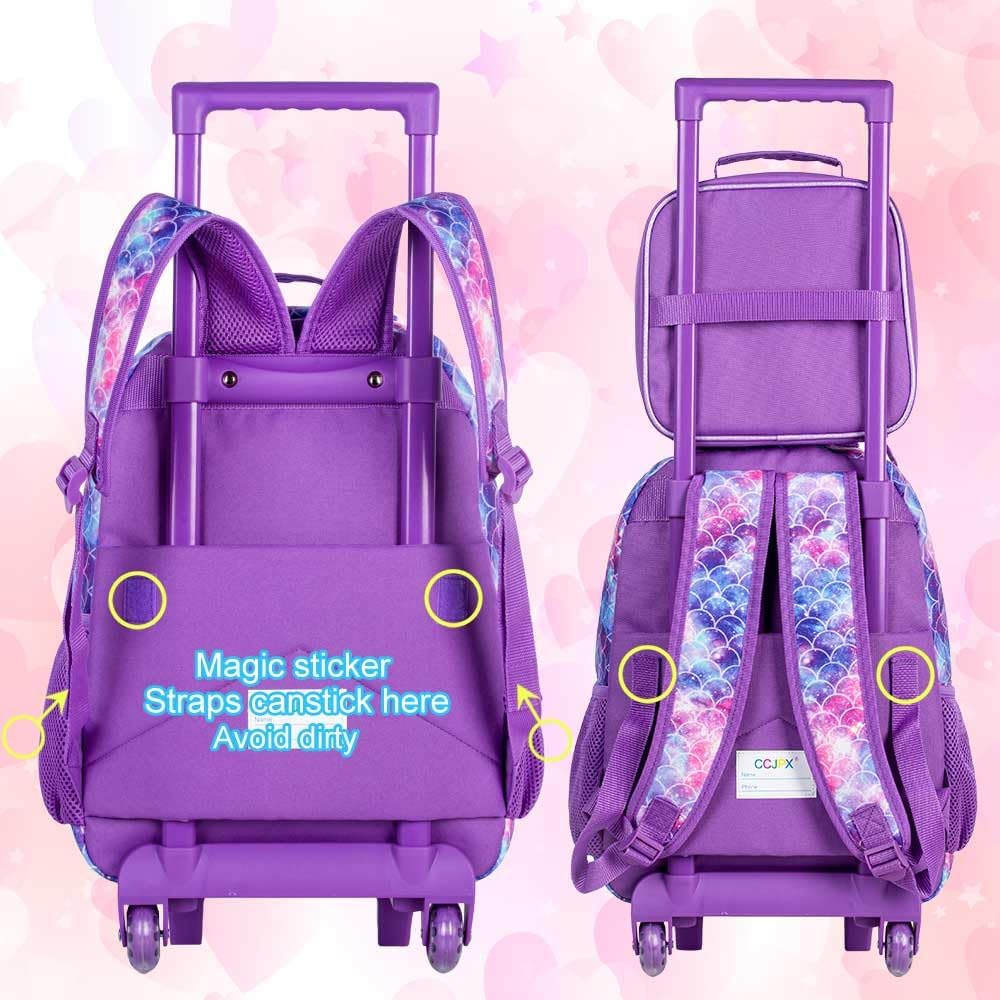 CCJPX 3Pcs Mermiad Roller Backpack for Girls, Kids Rolling Wheeled Bookbag Toddler Elementary School Bag with Wheels - Purple