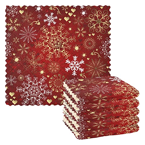 SUABO Christmas Kitchen Towels 6 Pack Red Snowflakes Dish Towels Reusable Cleaning Dish Cloths Dish Rag for Kitchen