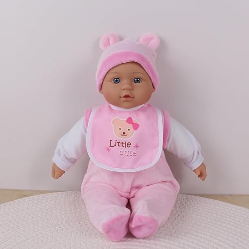 Miniatura 5 de Muñeca suave de 16 pulgadas, color rosa con traje extraíble y babero, 5 piezas con juego de cena, biberón y accesorios (Angela)