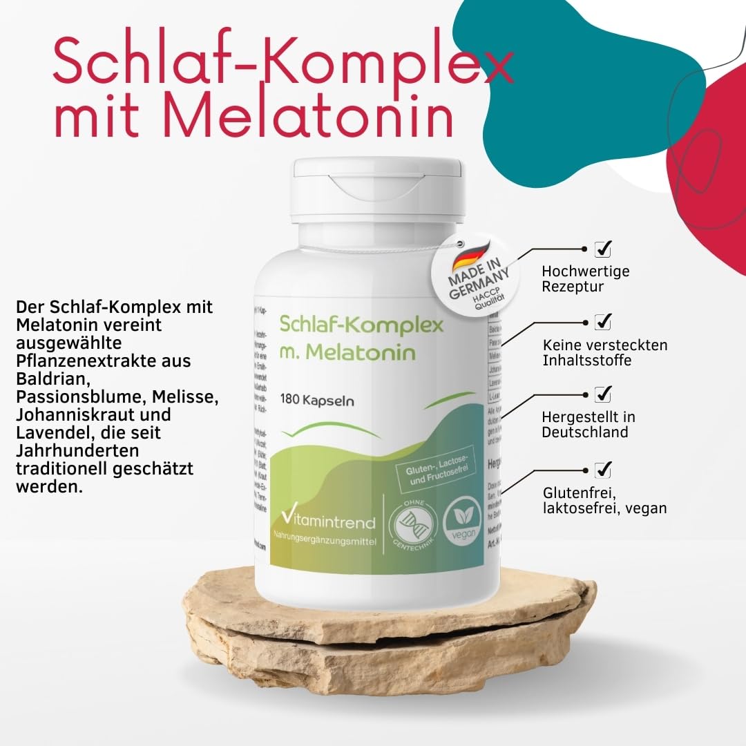 Vitamintrend Schlaf-Komplex mit Melatonin, 180 Kapseln, Baldrian-, Passionsblumen-, Melissen-, Johanniskraut-, Lavendel-Extrakt, hochdosiert, vegan ohne Magnesiumstearat, in Deutschland hergestellt