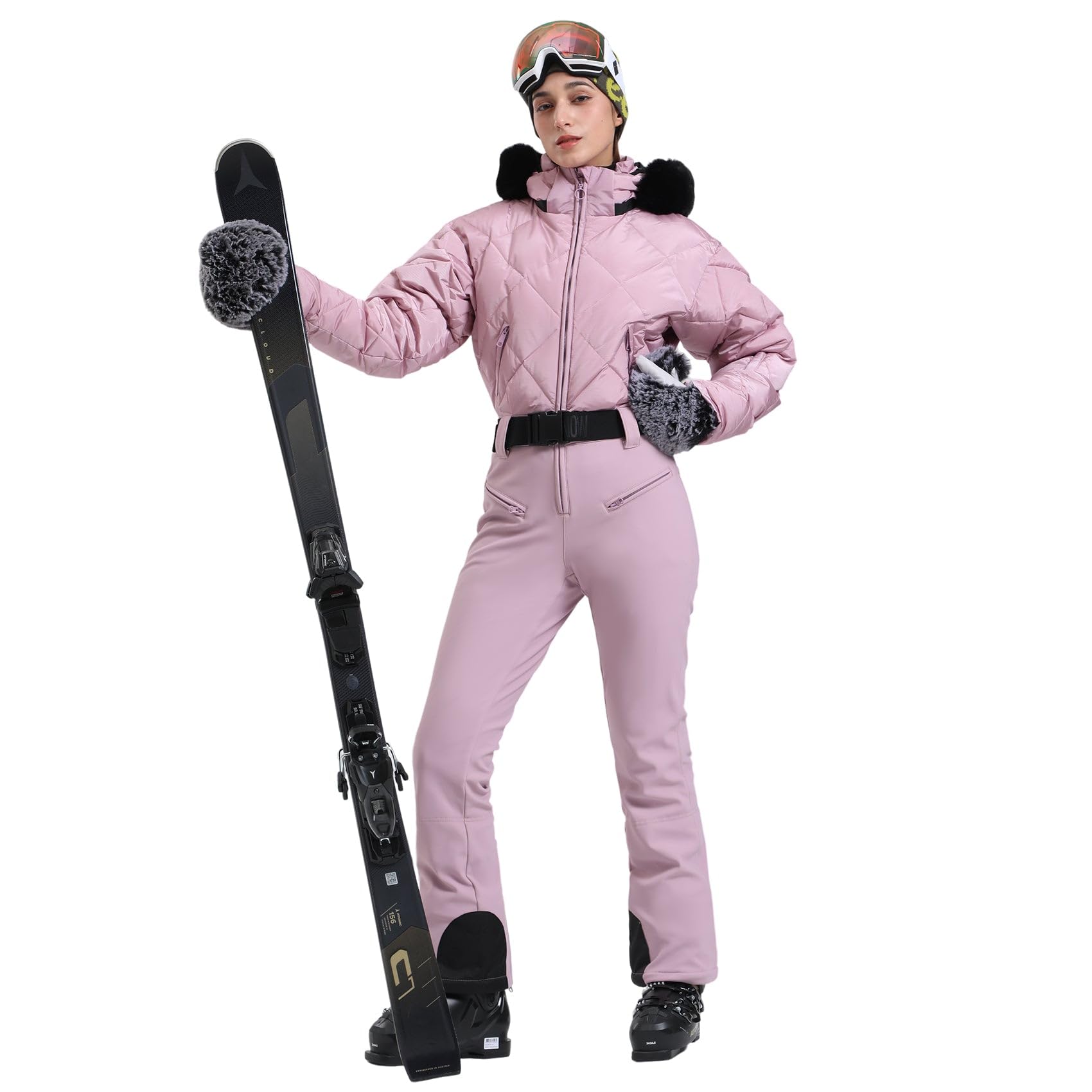 GSOU SNOW Womens Ski Suits Down One Piece Snowsuit Waterproof Snowboard Jumpsuits Winter Ski Outfit: X-Large Pink
