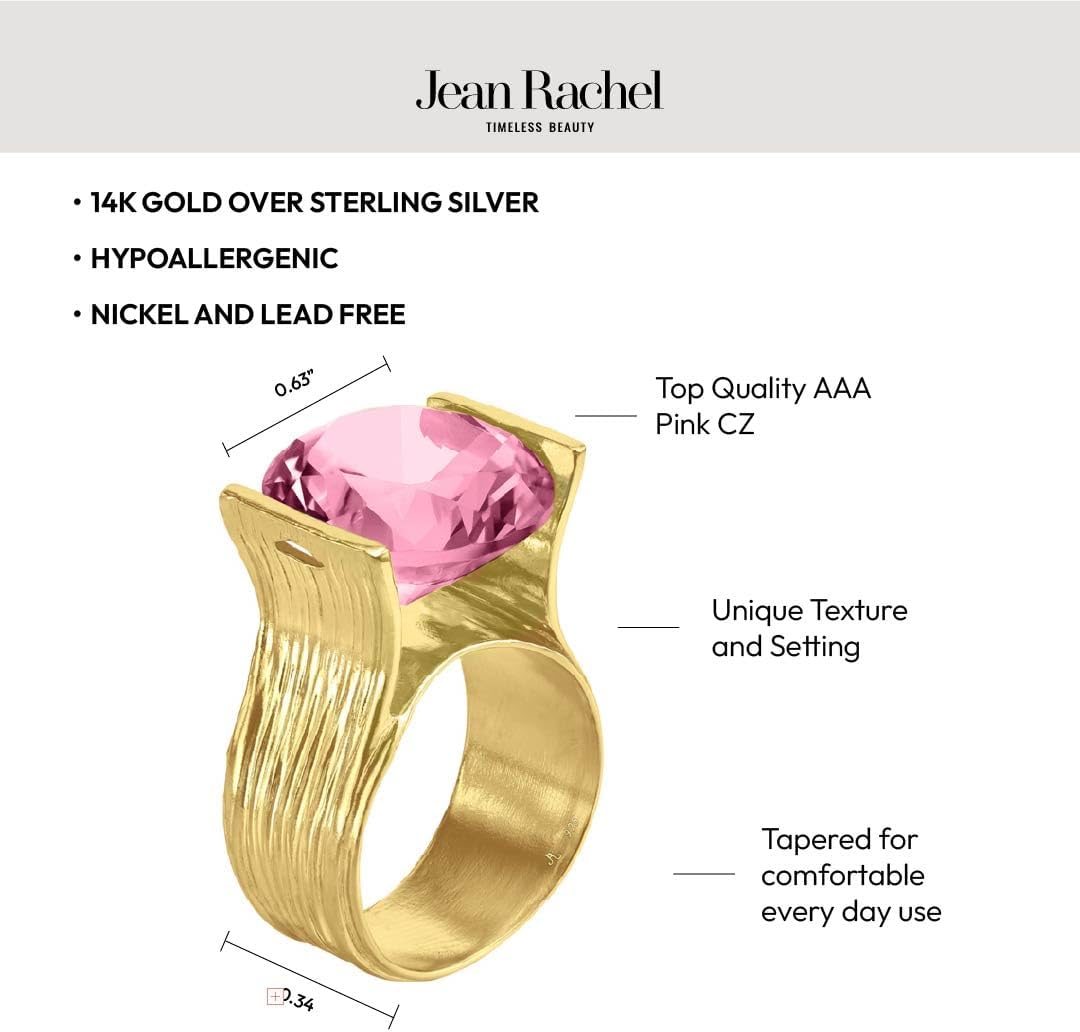 JEAN RACHEL JEWELRY 14K Gold Plated Sterling Silver Ring with 11.75 TCW Cubic Zirconia - Textured Band Vintage Design - Hypoallergenic, Lead & Nickel Free Jewelry Statement Rings for Women - Image 5