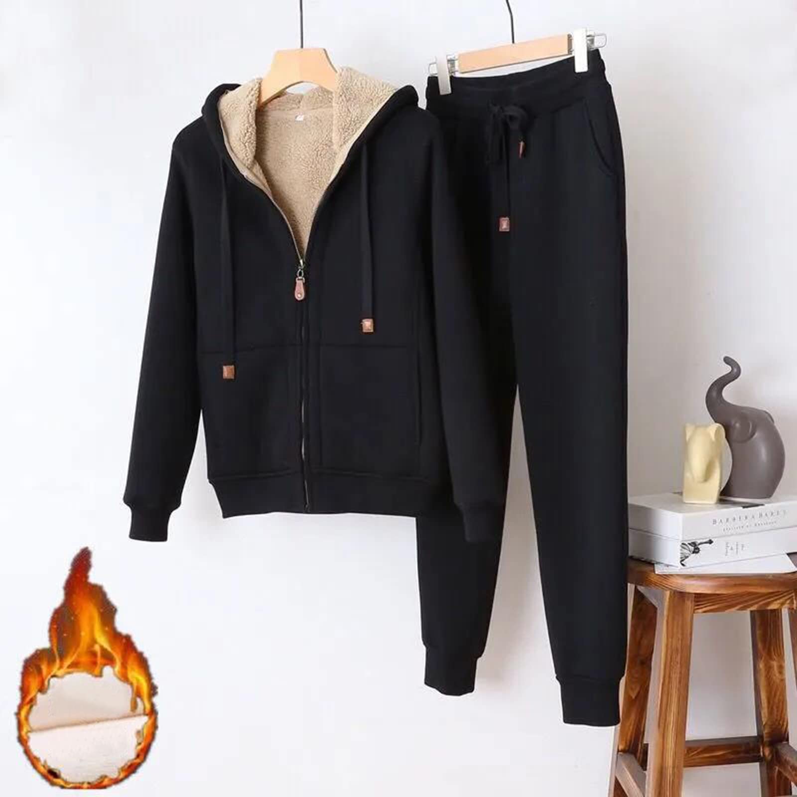Survêtement pour femme avec fermeture éclair - Ensemble de jogging d'hiver en peluche - 2 pièces - Doublure chaude - Veste à capuche et pantalon de sport - Survêtement de sport surdimensionné