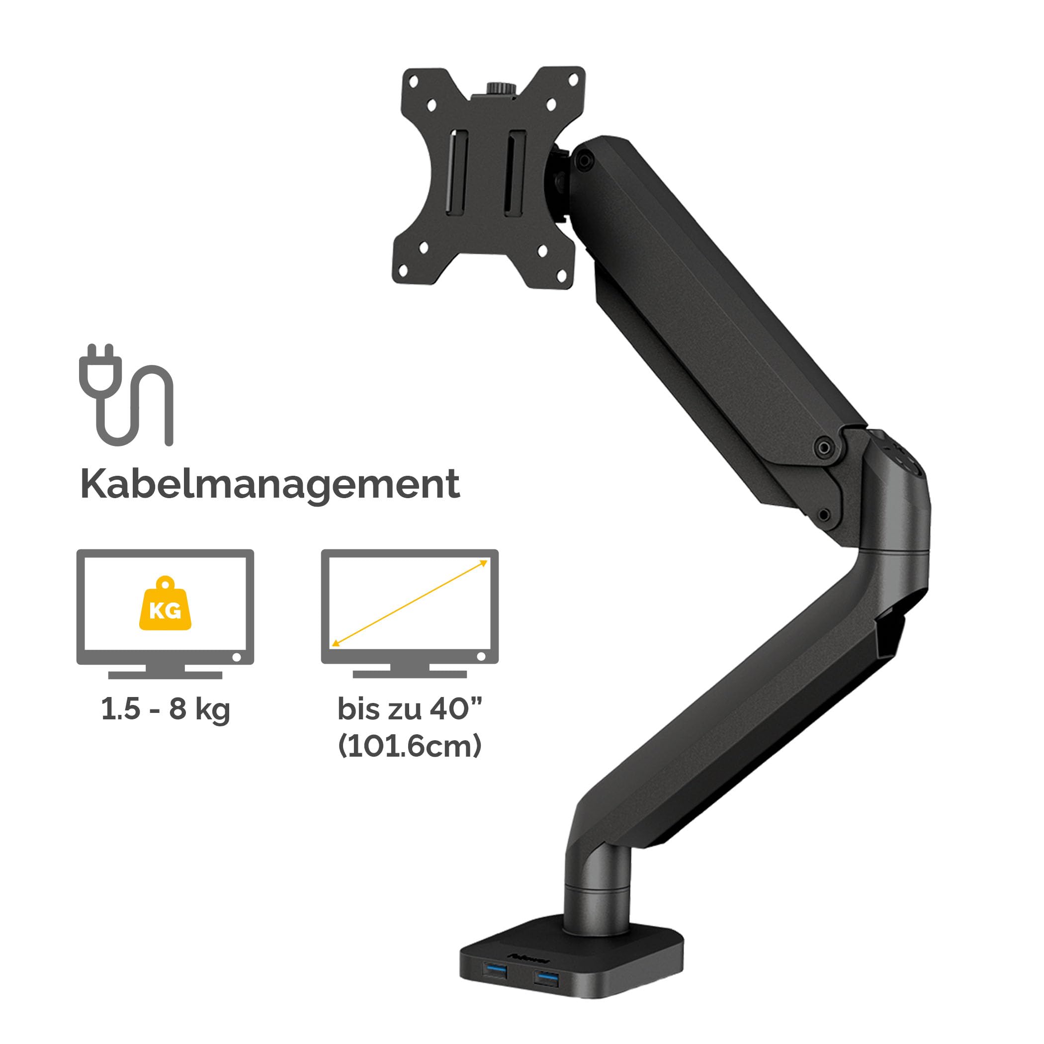 Fellowes Monitor Halterung für 1 Bildschirm bis 32 Zoll (81,28 cm) - Platinum Series Monitor Arm mit Gasfeder, USB Ports - Befestigung mit Klemme oder Kabeldurchlass - schwarz