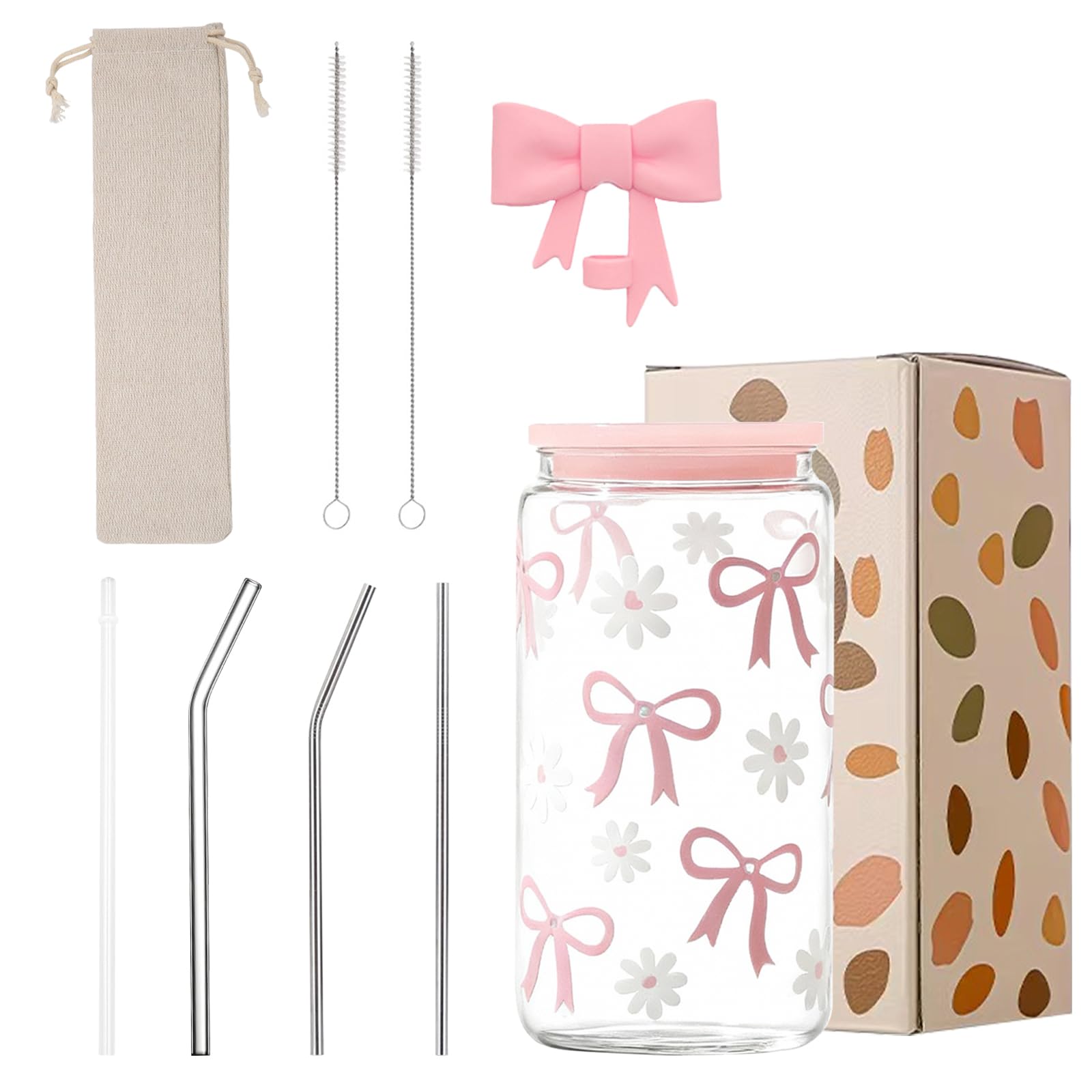 SHUANGBAODALAO Trinkglas mit Strohhalm und Deckel, 500 ml, Rosa | Rosa 500 ml Glas mit Schleifen-Deckel, 4 Strohhalmen, Bürste und Beutel für Eiskaffee, Matcha und Smoothies.