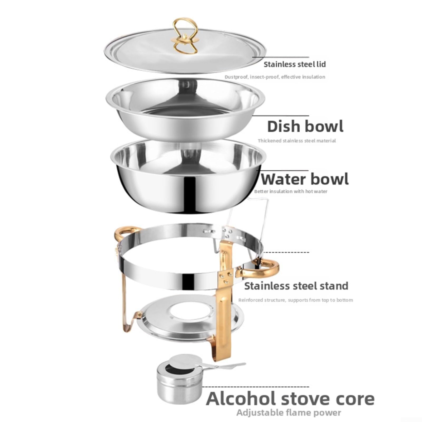 Juego de 2 platos de acero inoxidable, calentadores de buffet de 5 cuartos con tapas de vidrio, bordes con dobladillo de acero para fiestas, catering (amarillo)